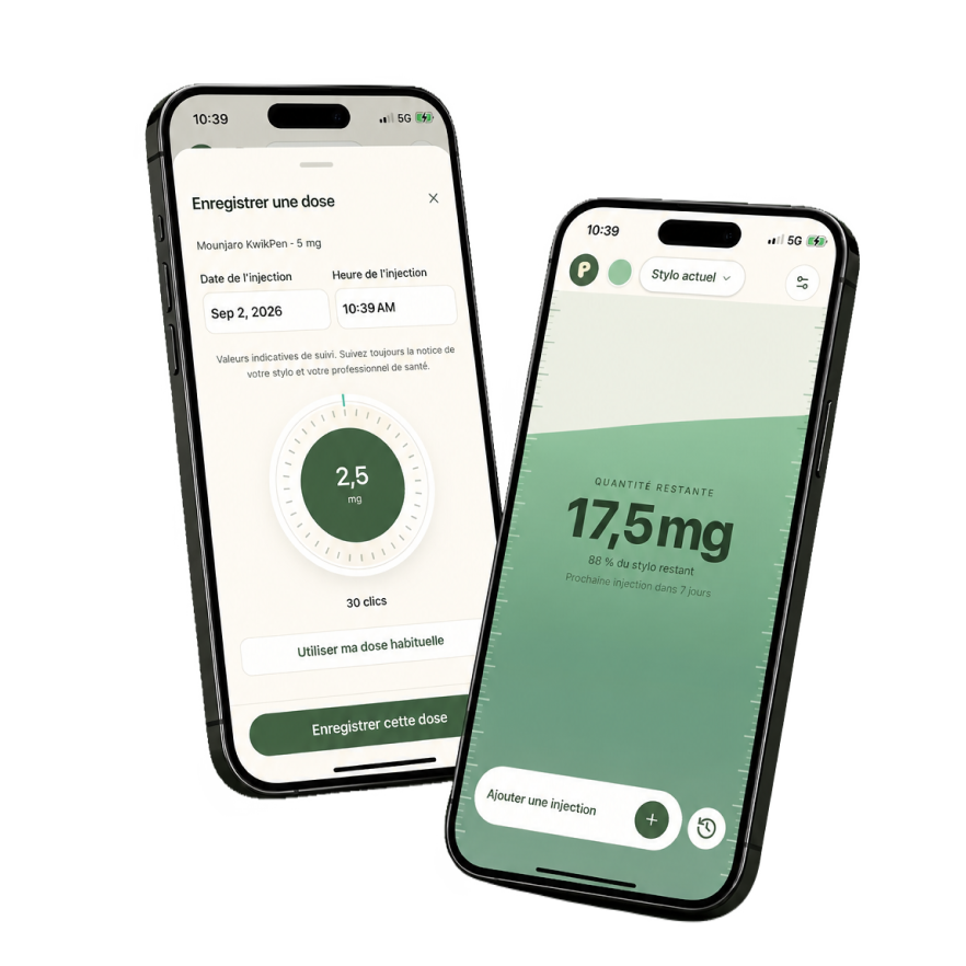 Deux iPhone montrant l'enregistrement d'une injection et la quantité restante dans SUIVIPEN